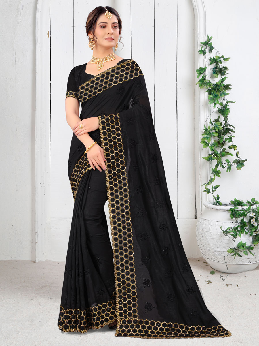 Black Vichitra Silk Embroidered Festival Saree