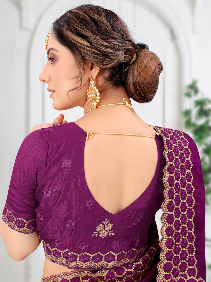 Purple Vichitra Silk Embroidered Festival Saree