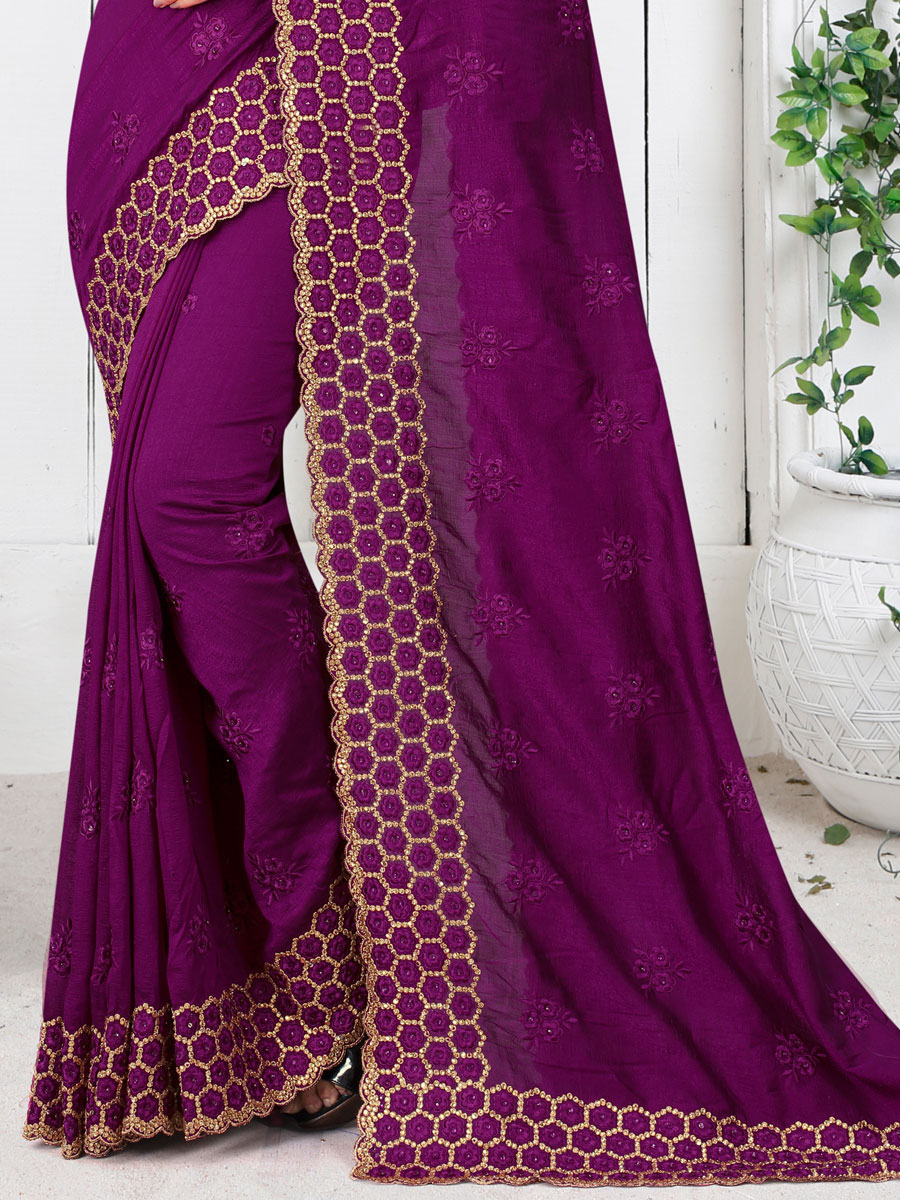 Purple Vichitra Silk Embroidered Festival Saree