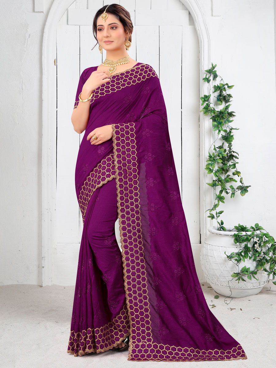 Purple Vichitra Silk Embroidered Festival Saree