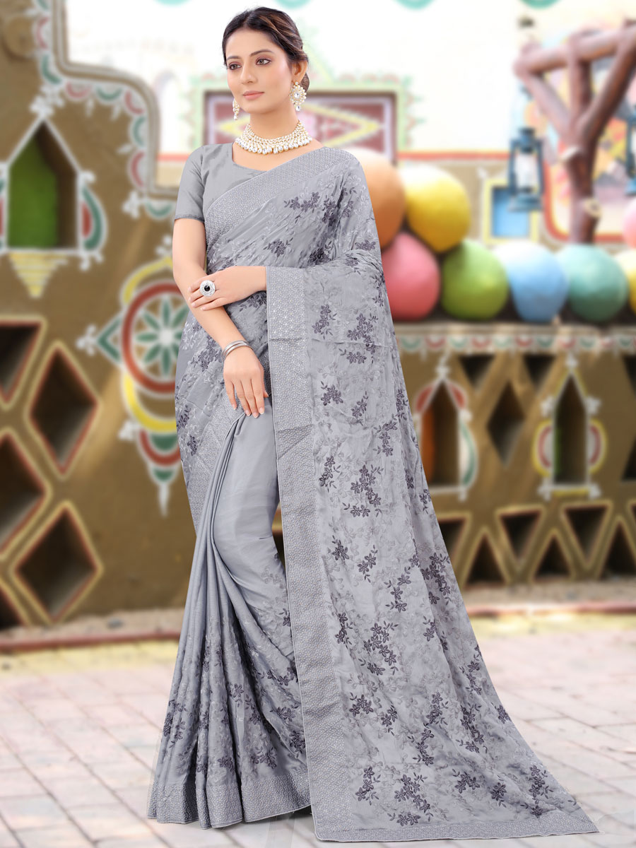 Silver Gray Chinnon Embroidered Party Saree