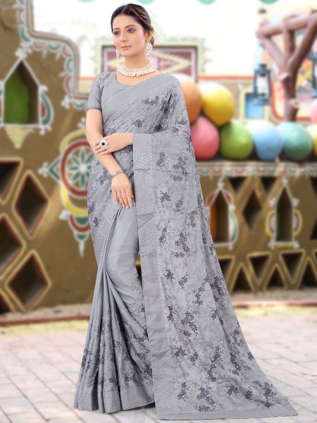 Silver Gray Chinnon Embroidered Party Saree