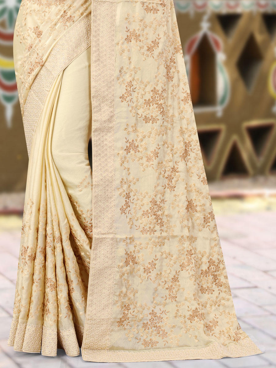Peach Yellow Chinnon Embroidered Party Saree