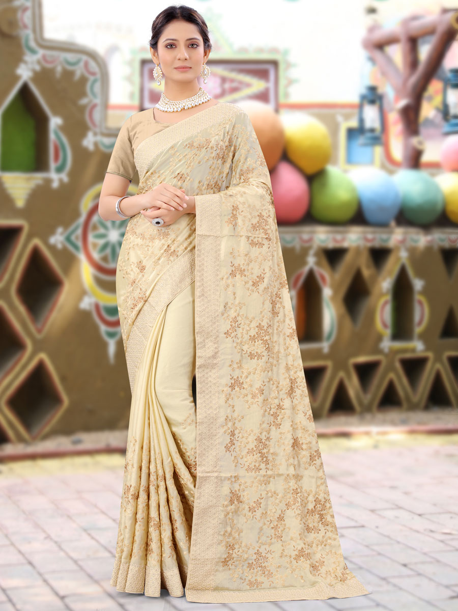 Peach Yellow Chinnon Embroidered Party Saree