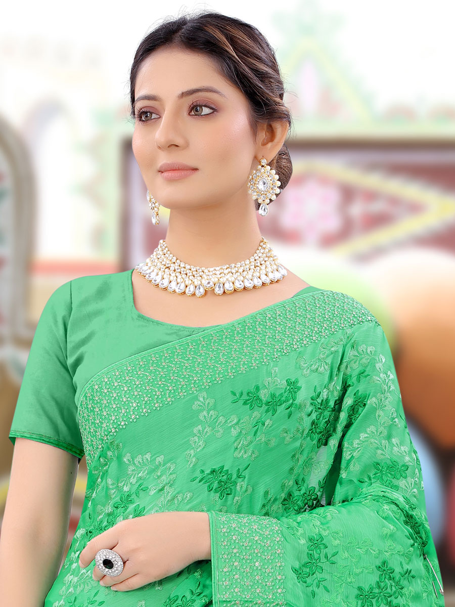 Jade Green Chinnon Embroidered Party Saree