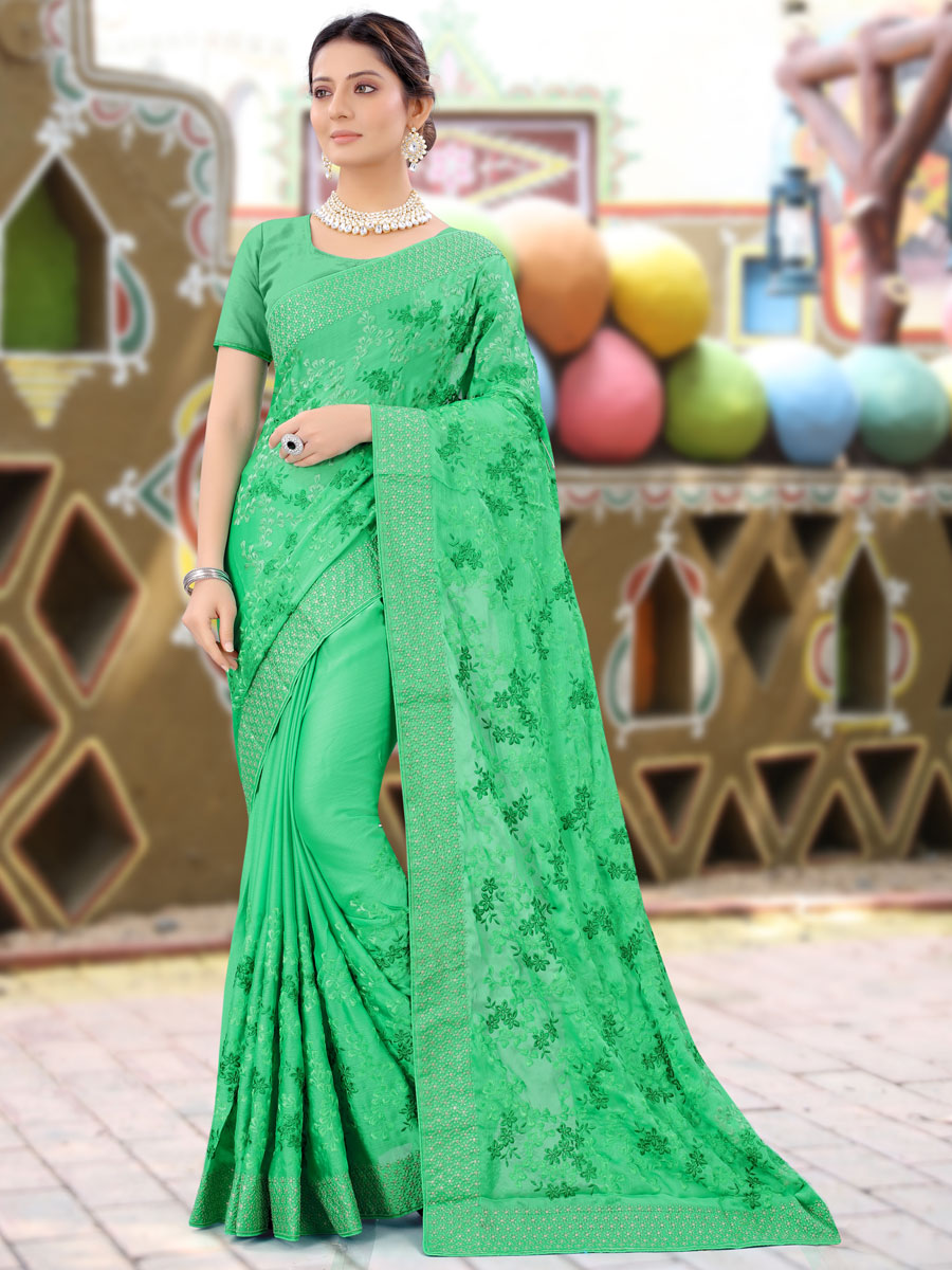 Jade Green Chinnon Embroidered Party Saree