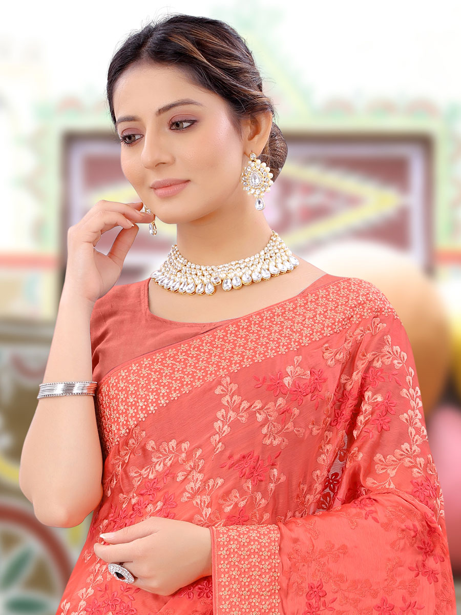 Tomato Orange Chinnon Embroidered Party Saree