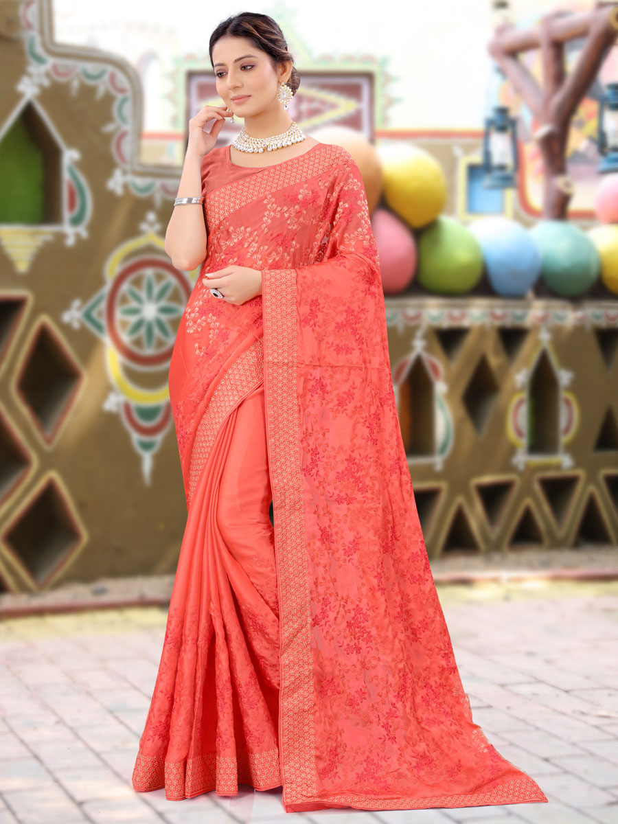 Tomato Orange Chinnon Embroidered Party Saree