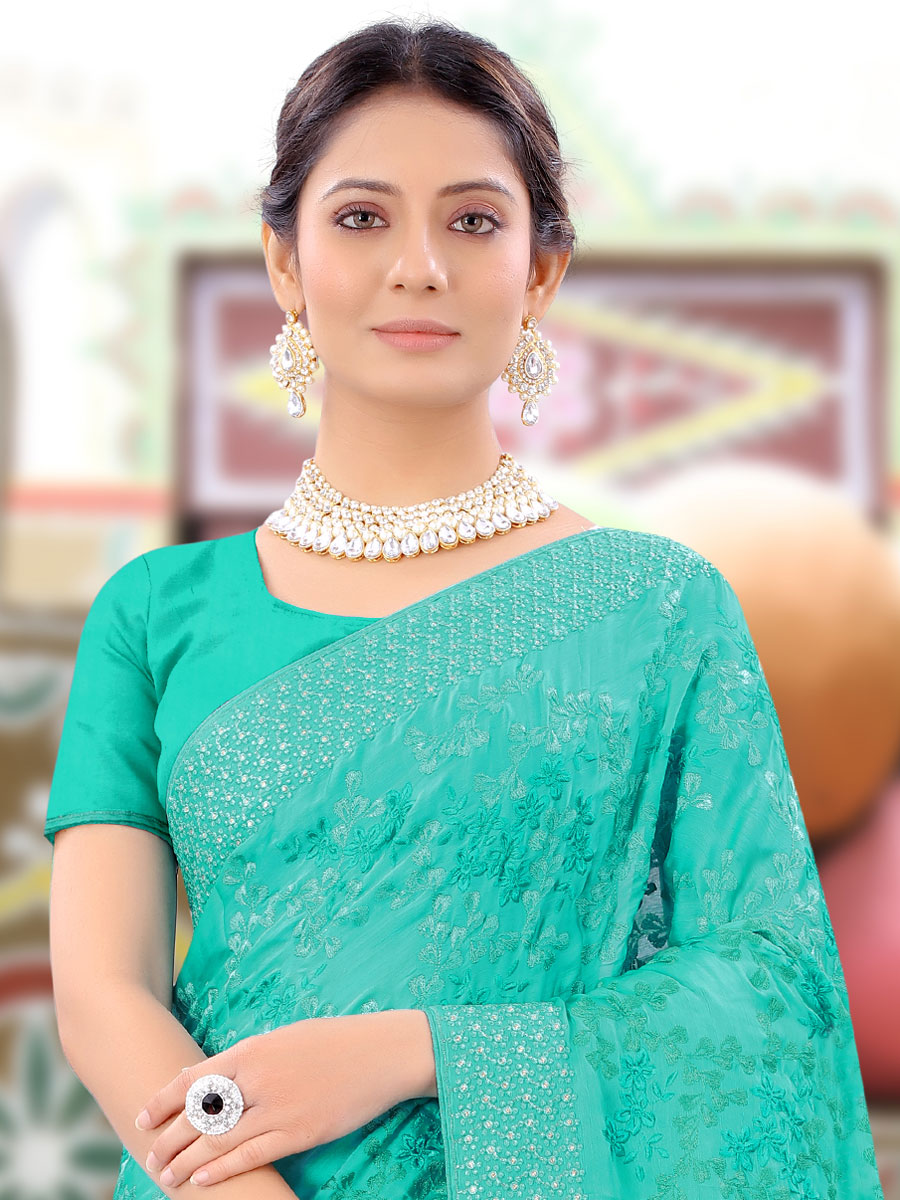 Robin-egg Blue Cyan Chinnon Embroidered Party Saree