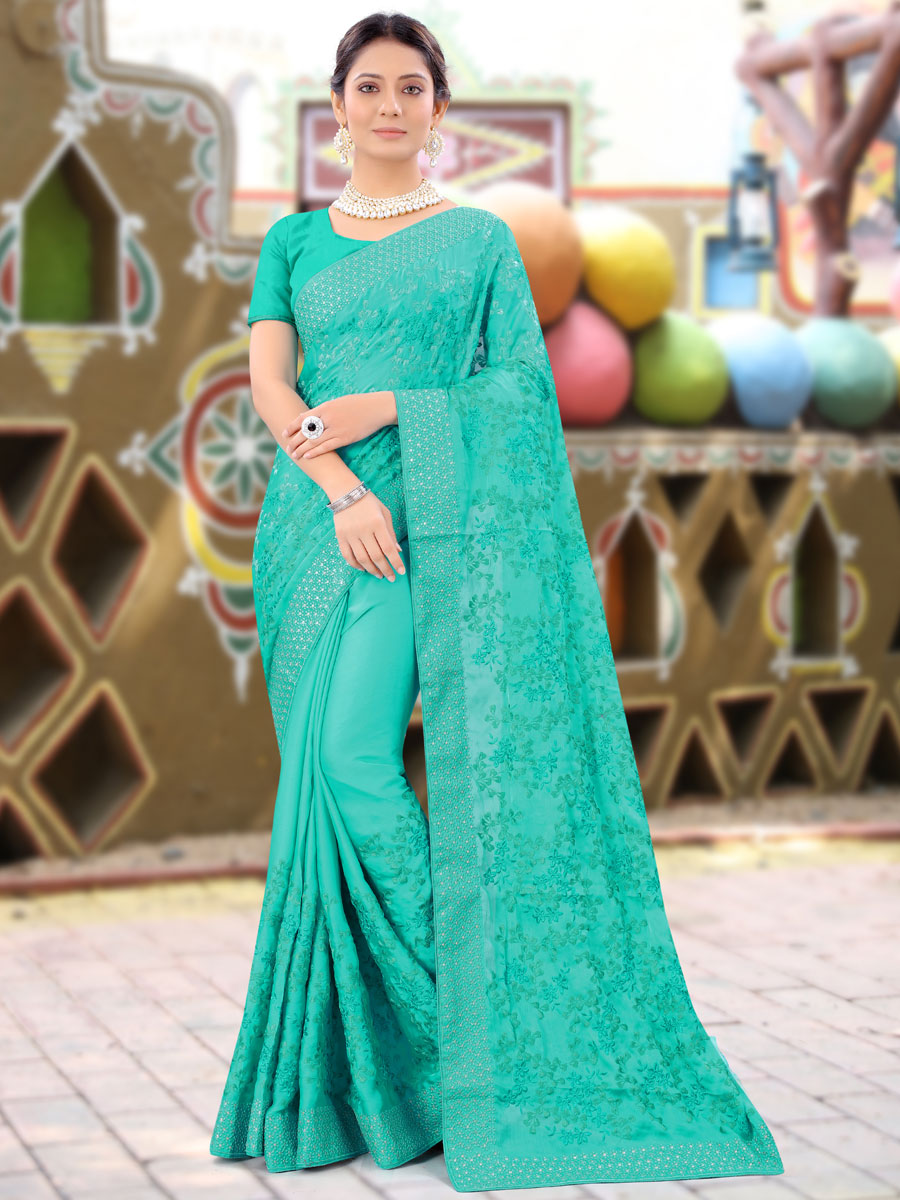 Robin-egg Blue Cyan Chinnon Embroidered Party Saree