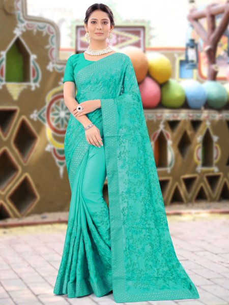 Robin-egg Blue Cyan Chinnon Embroidered Party Saree