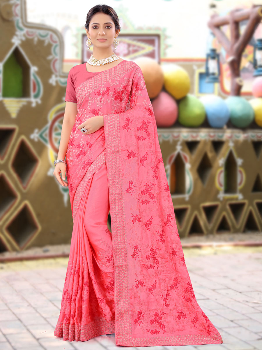 Brink Pink Chinnon Embroidered Party Saree