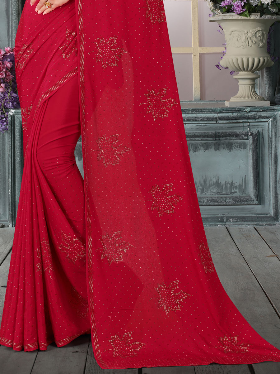 Cardinal Red Crepe Embroidered Festival Saree