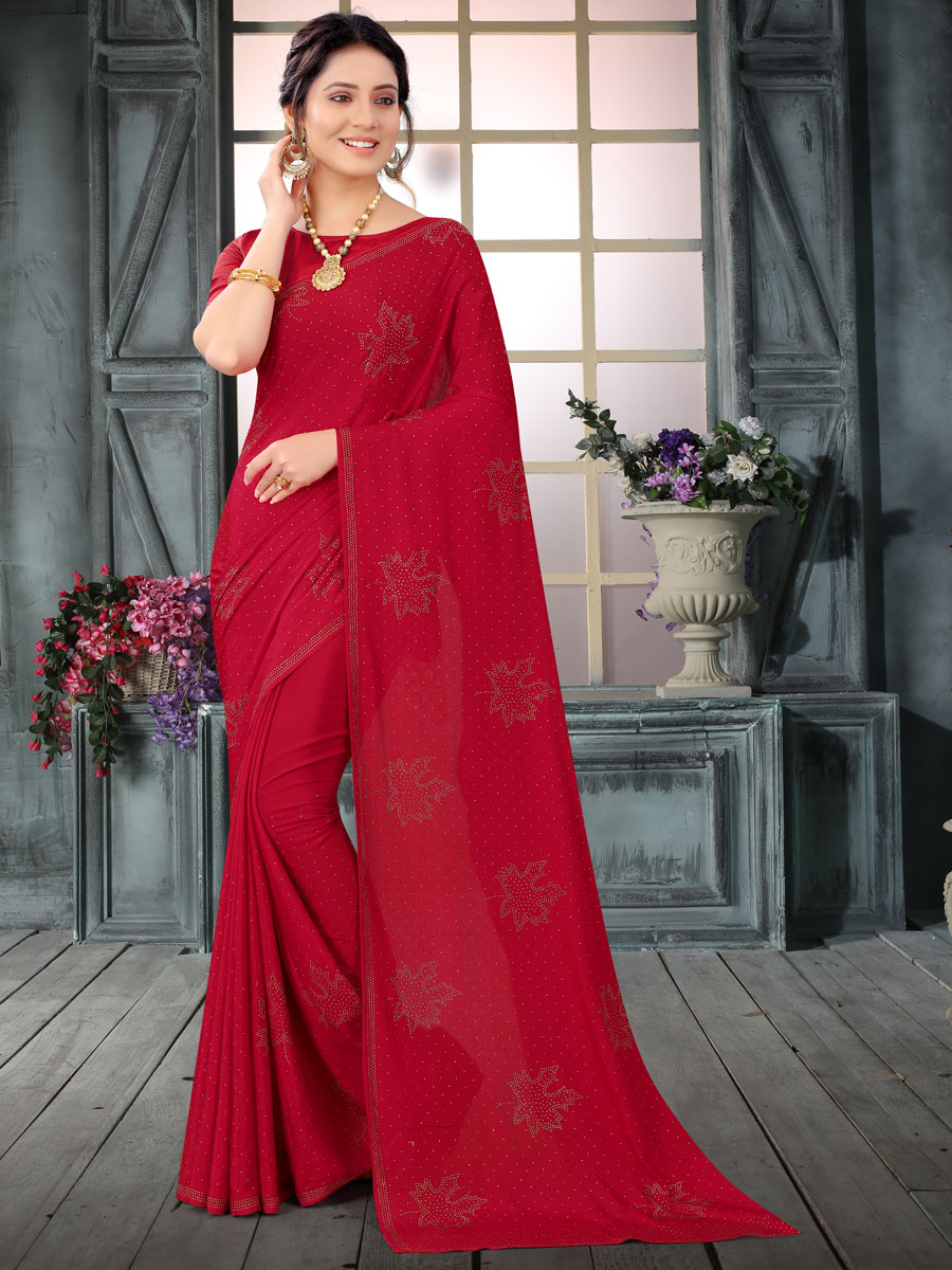 Cardinal Red Crepe Embroidered Festival Saree