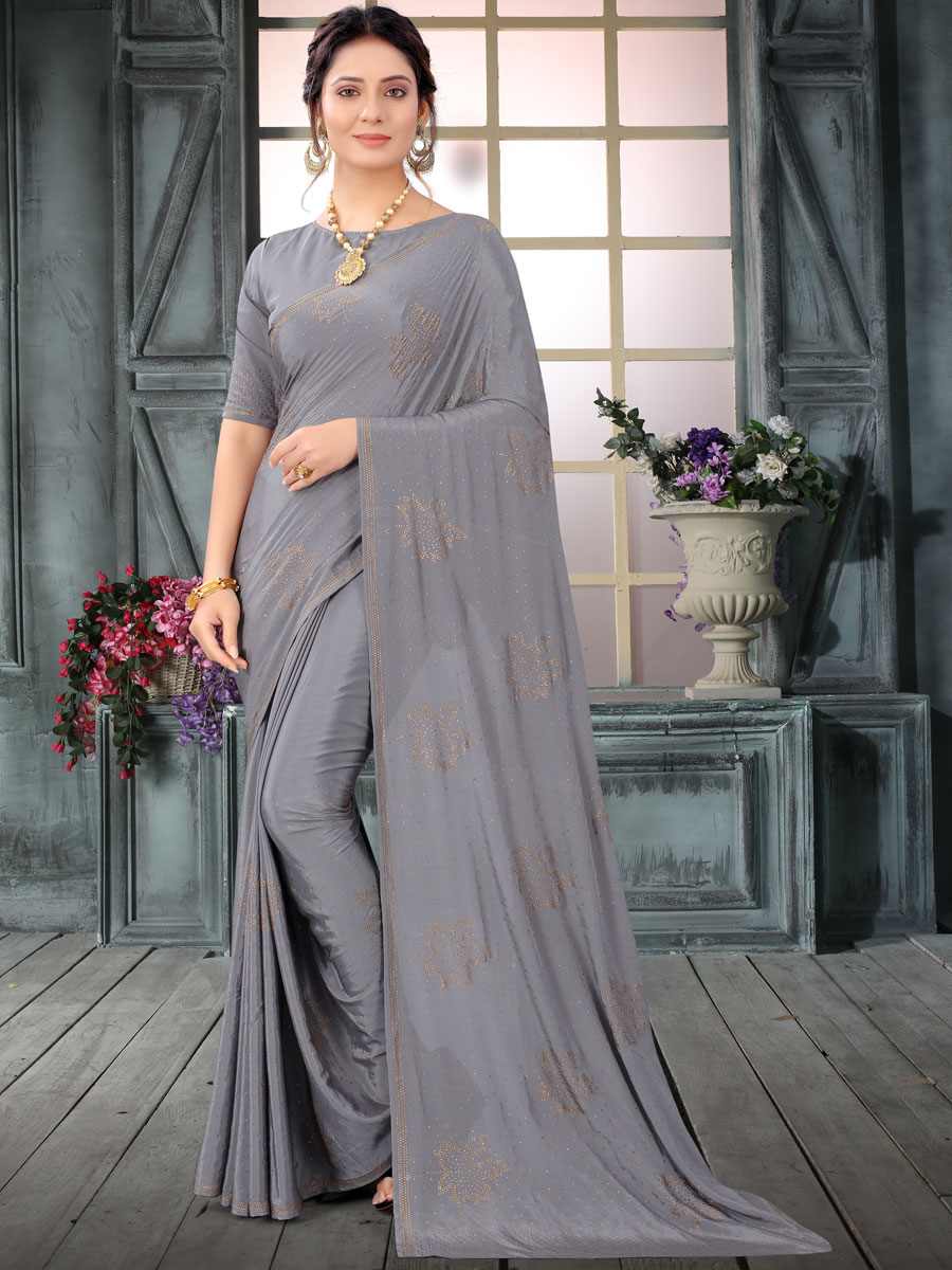 Taupe gray Crepe Embroidered Festival Saree