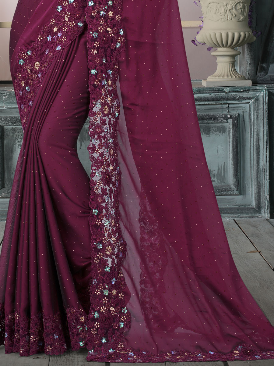 Byzantium Purple Silk Embroidered Party Saree