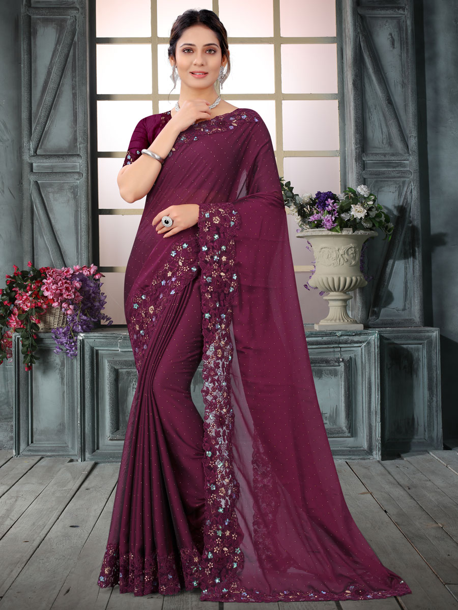 Byzantium Purple Silk Embroidered Party Saree