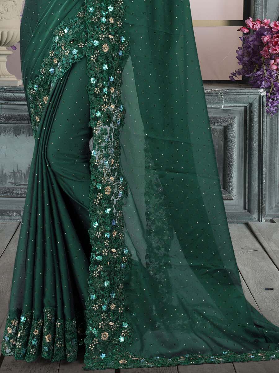 Viridian Green Silk Embroidered Party Saree