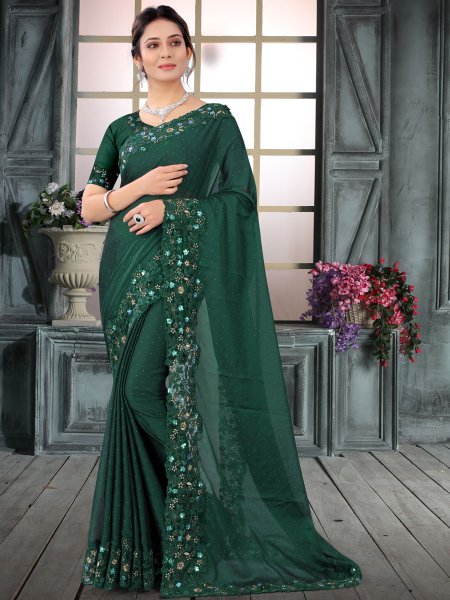 Viridian Green Silk Embroidered Party Saree