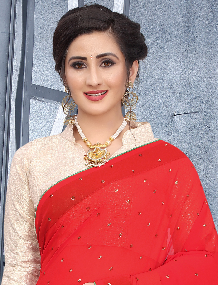 Rose Madder Red Faux Georgette Plain Casual Saree