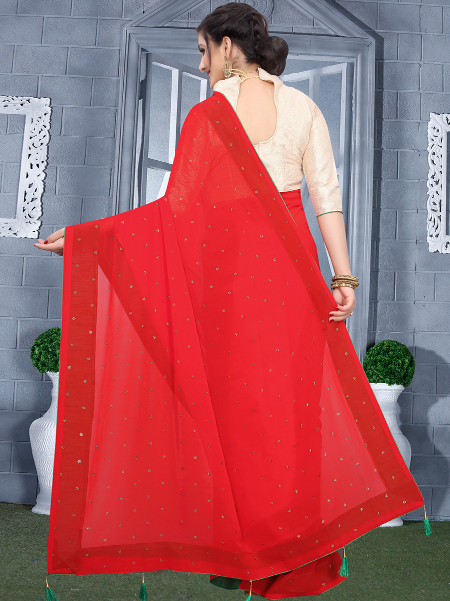 Rose Madder Red Faux Georgette Plain Casual Saree