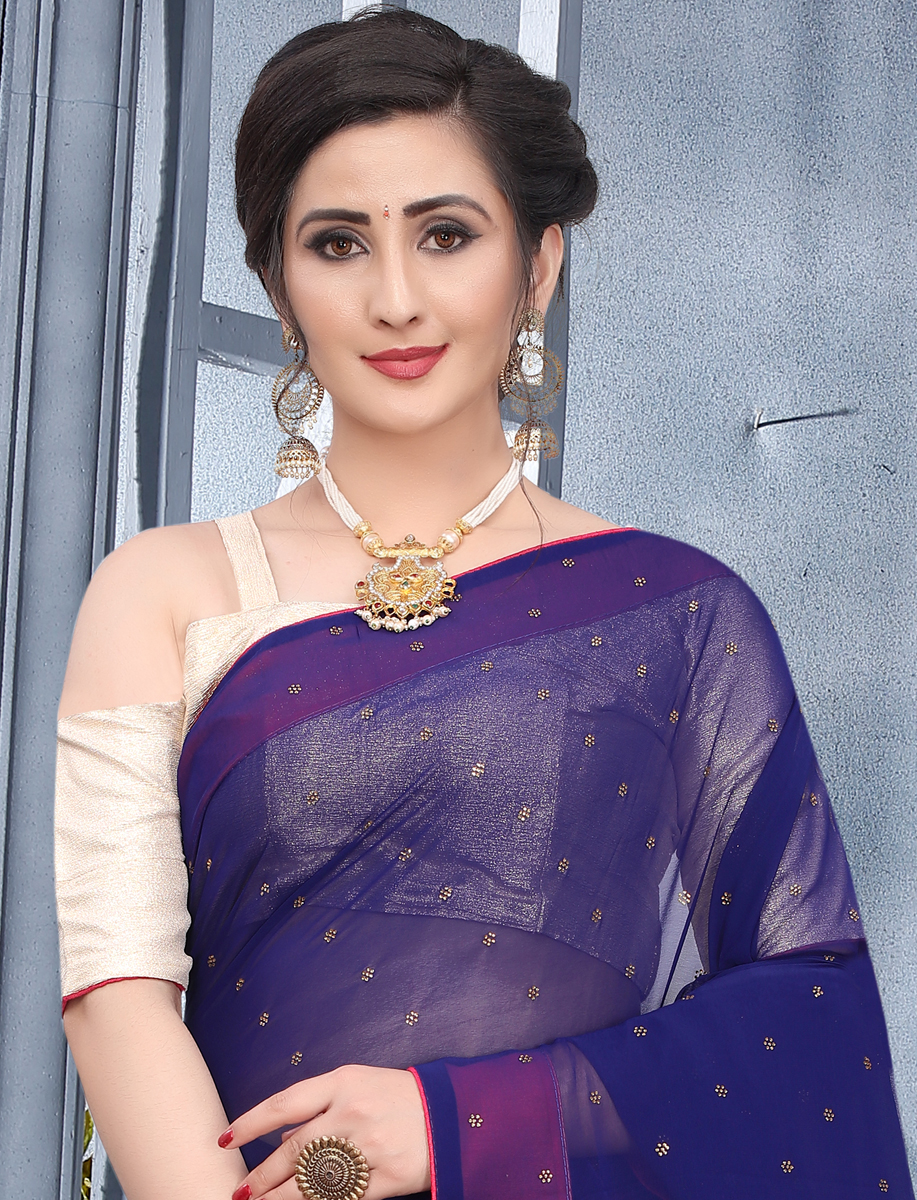 Navy Blue Faux Georgette Plain Casual Saree