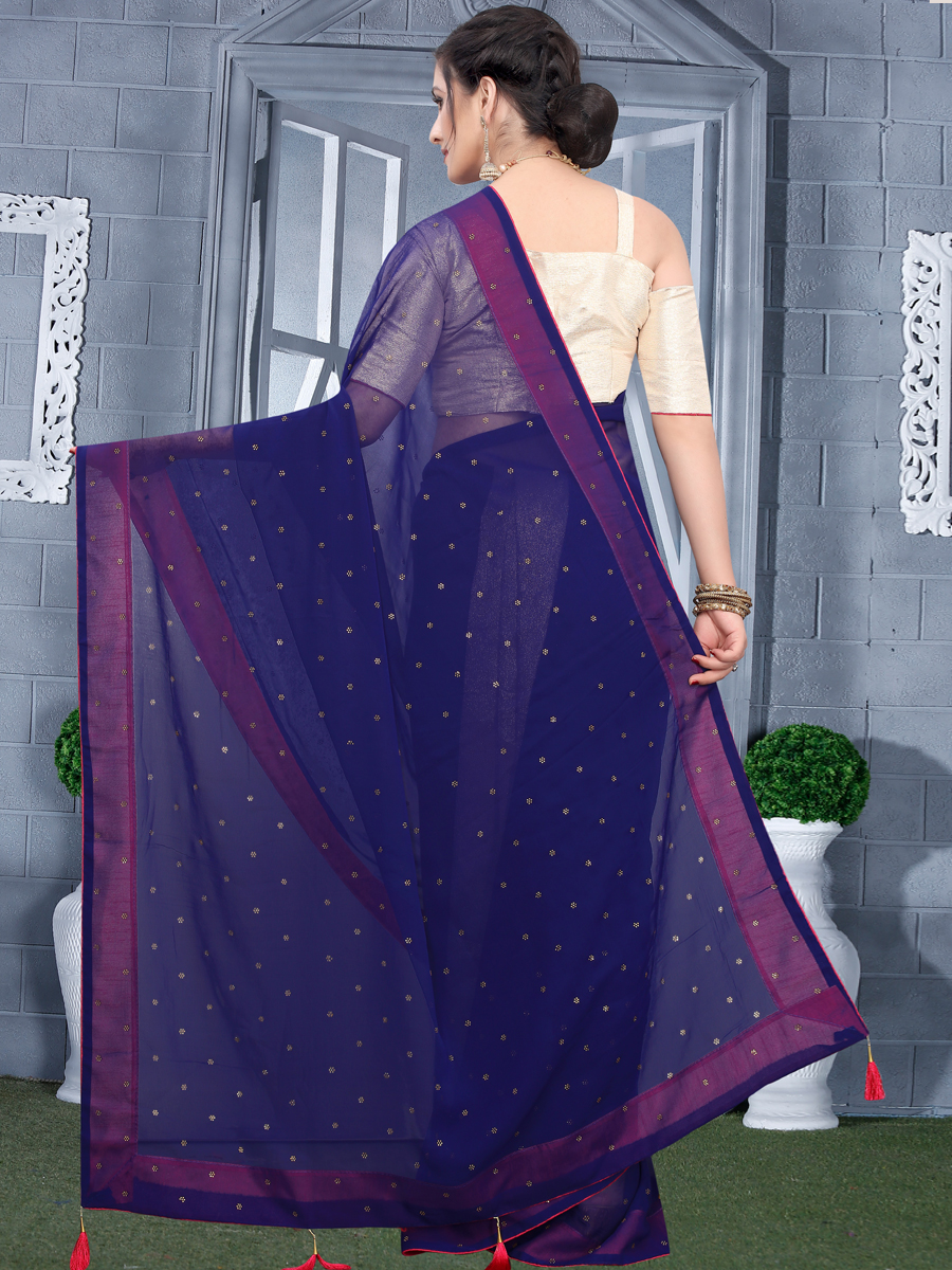 Navy Blue Faux Georgette Plain Casual Saree