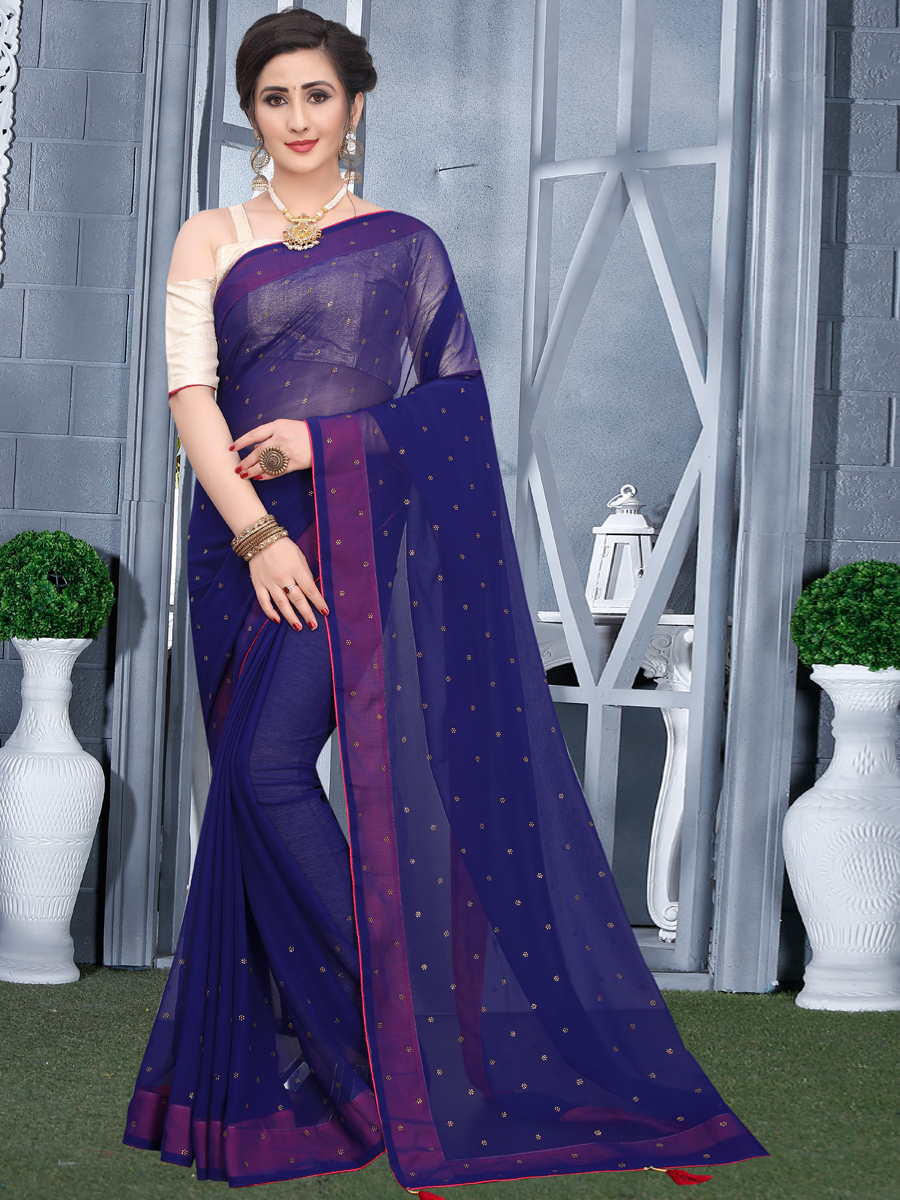 Navy Blue Faux Georgette Plain Casual Saree