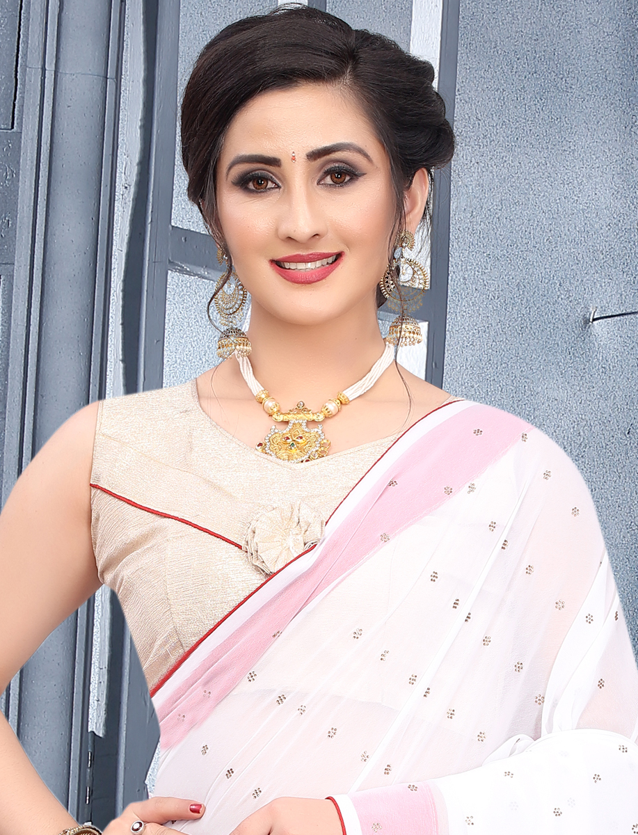 White Faux Georgette Plain Casual Saree