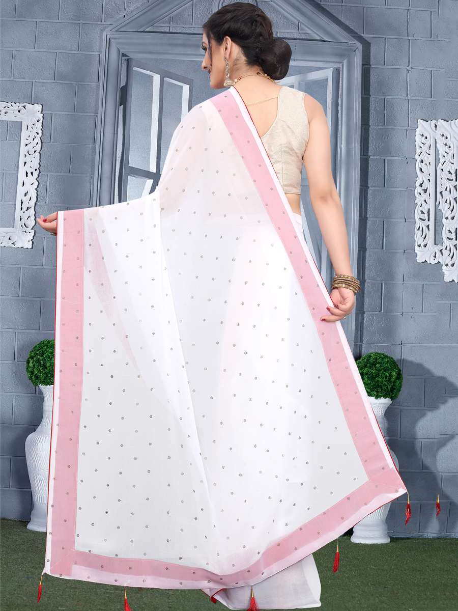 White Faux Georgette Plain Casual Saree