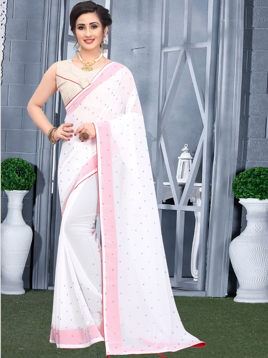 White Faux Georgette Plain Casual Saree