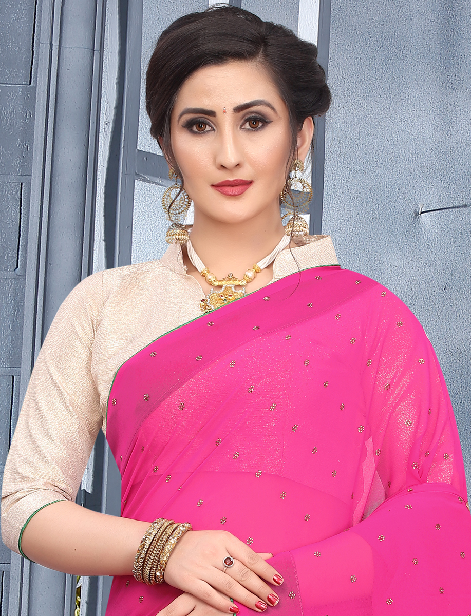 Cerise Pink Faux Georgette Plain Casual Saree