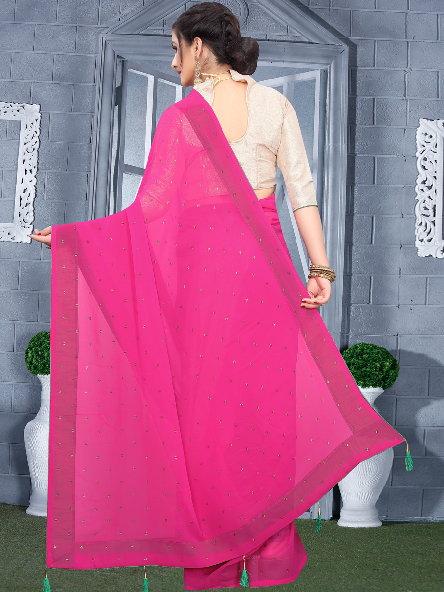 Cerise Pink Faux Georgette Plain Casual Saree