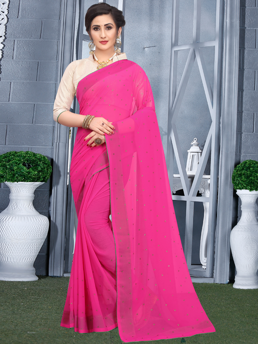 Cerise Pink Faux Georgette Plain Casual Saree