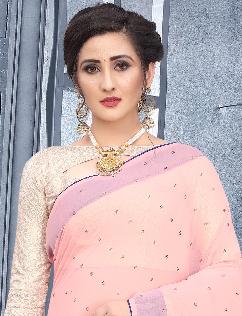 Light Pink Faux Georgette Plain Casual Saree
