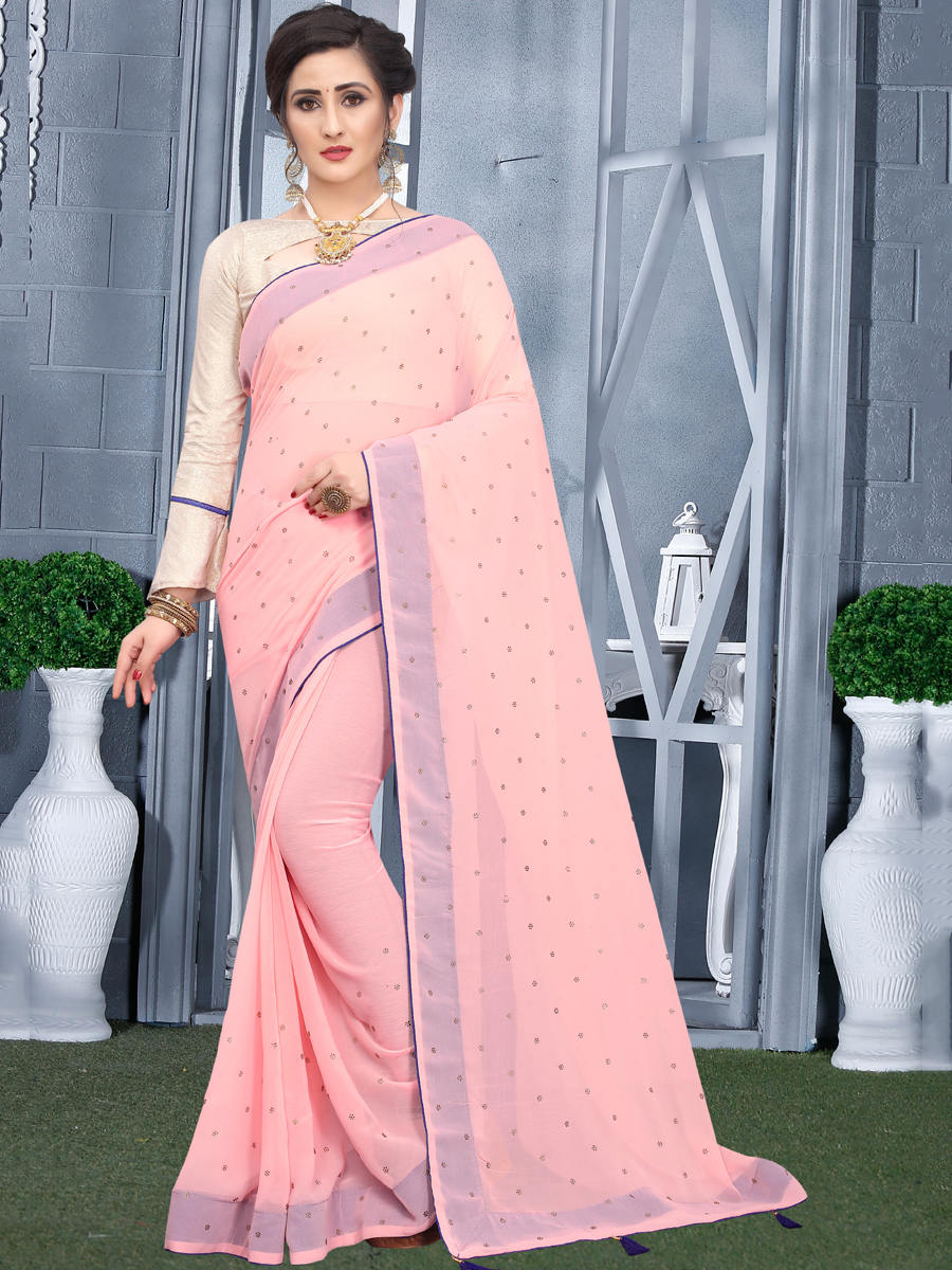 Light Pink Faux Georgette Plain Casual Saree