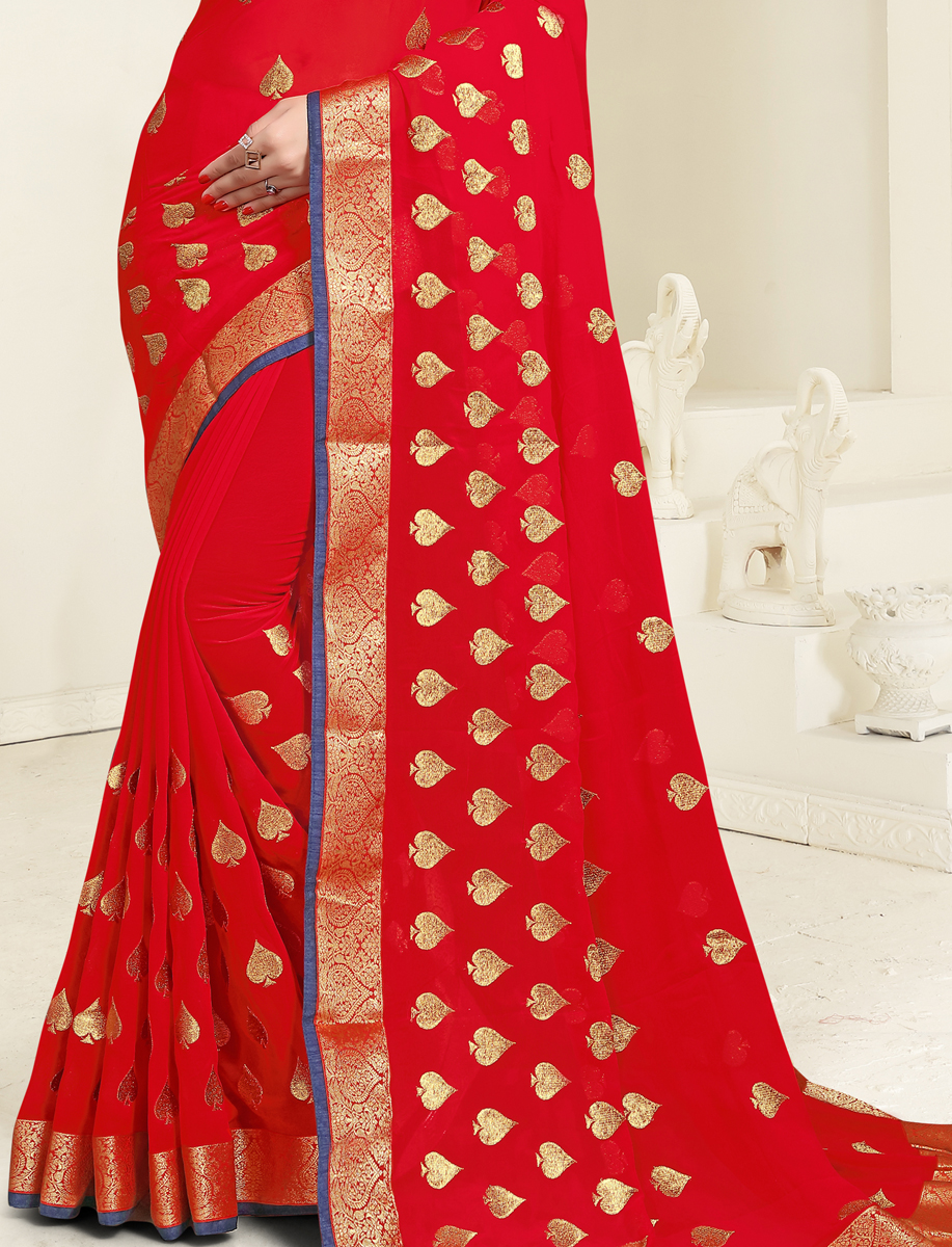 Rose Madder Red Faux Georgette Embroidered Party Saree