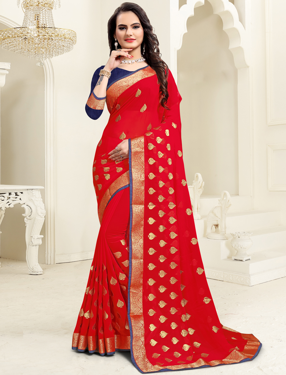 Rose Madder Red Faux Georgette Embroidered Party Saree