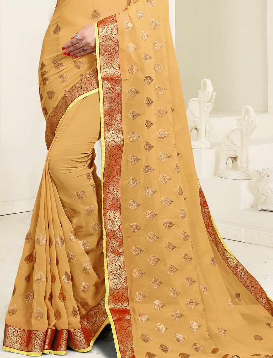 Buff Yellow Faux Georgette Embroidered Party Saree