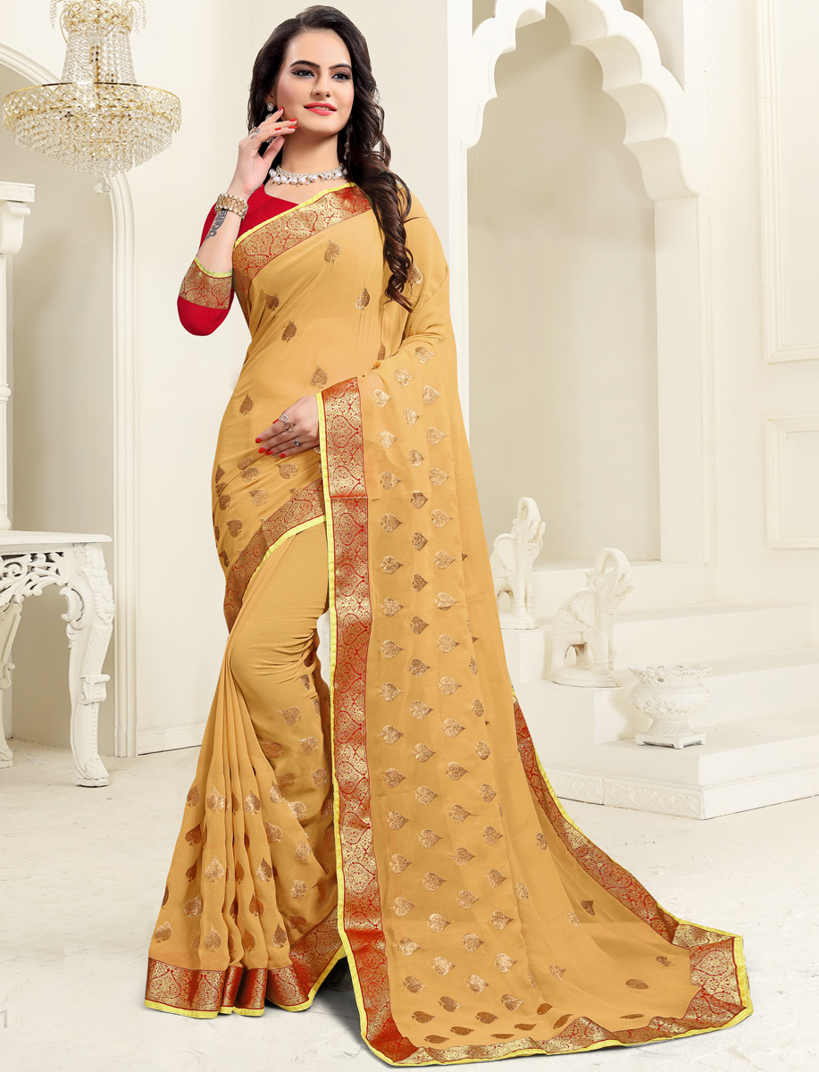 Buff Yellow Faux Georgette Embroidered Party Saree