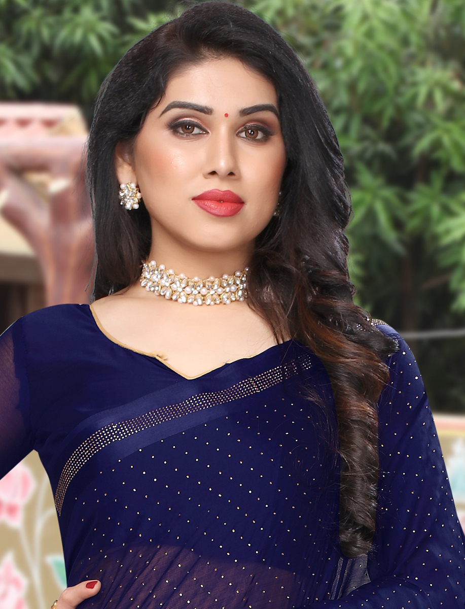 Navy Blue Satin Plain Party Saree