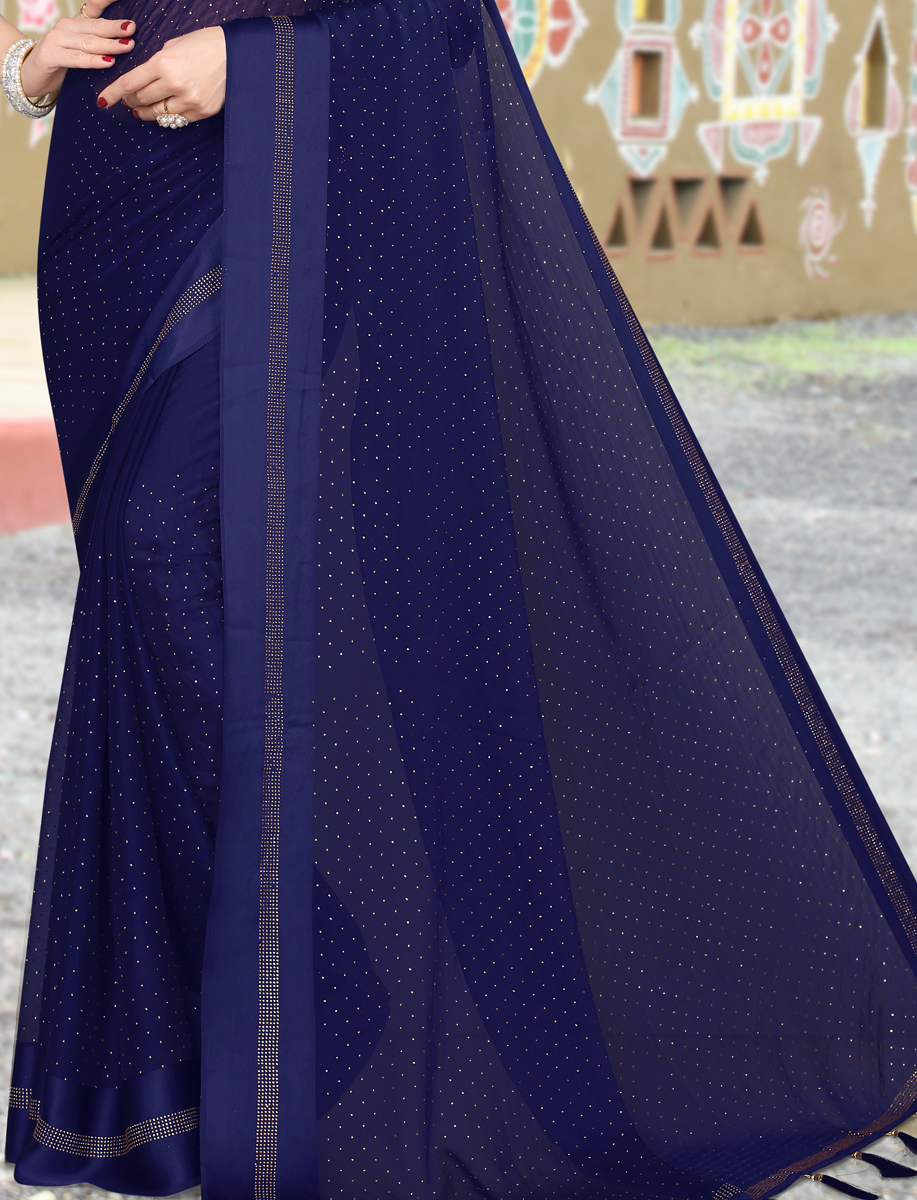 Navy Blue Satin Plain Party Saree