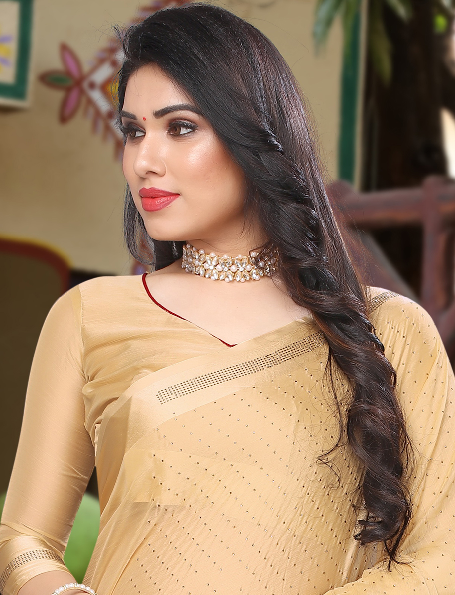 Cream Yellow Satin Plain Party Saree