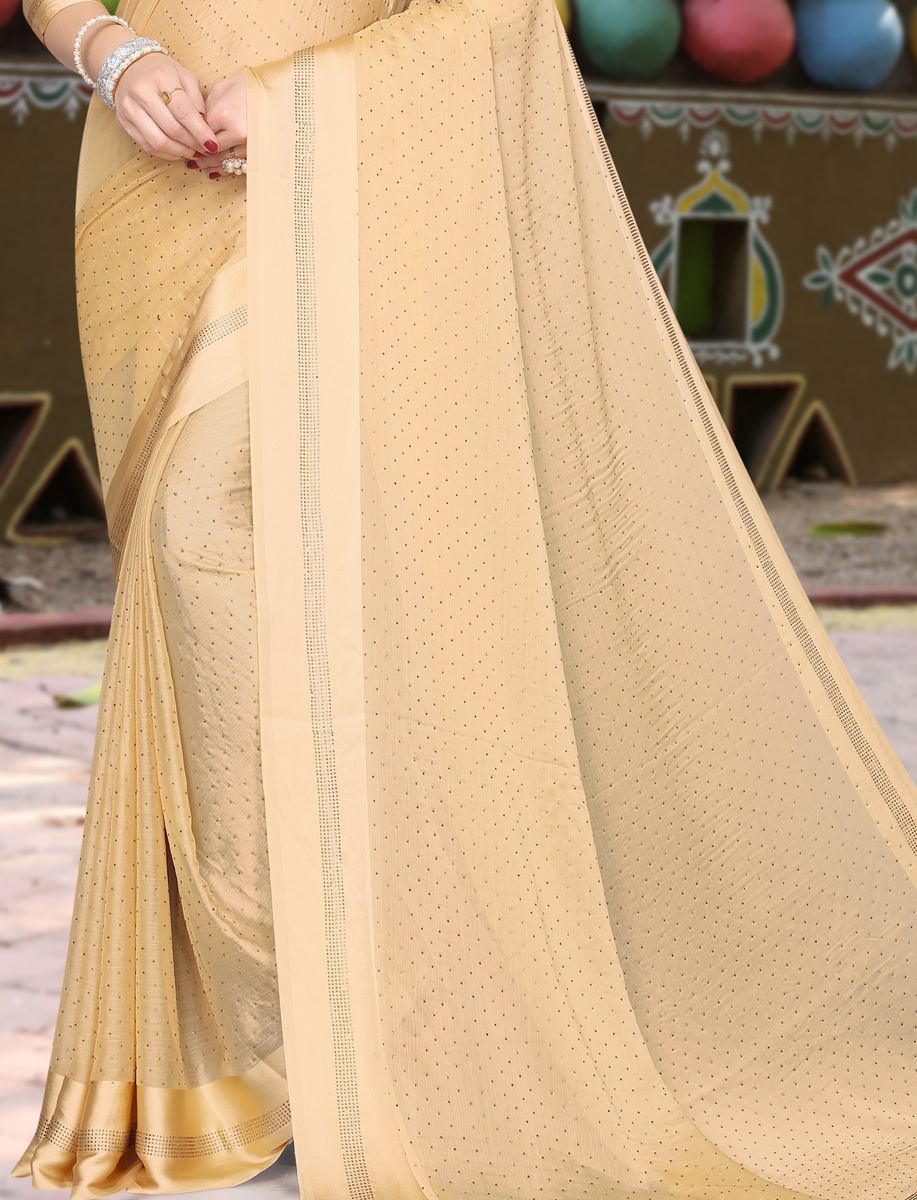 Cream Yellow Satin Plain Party Saree