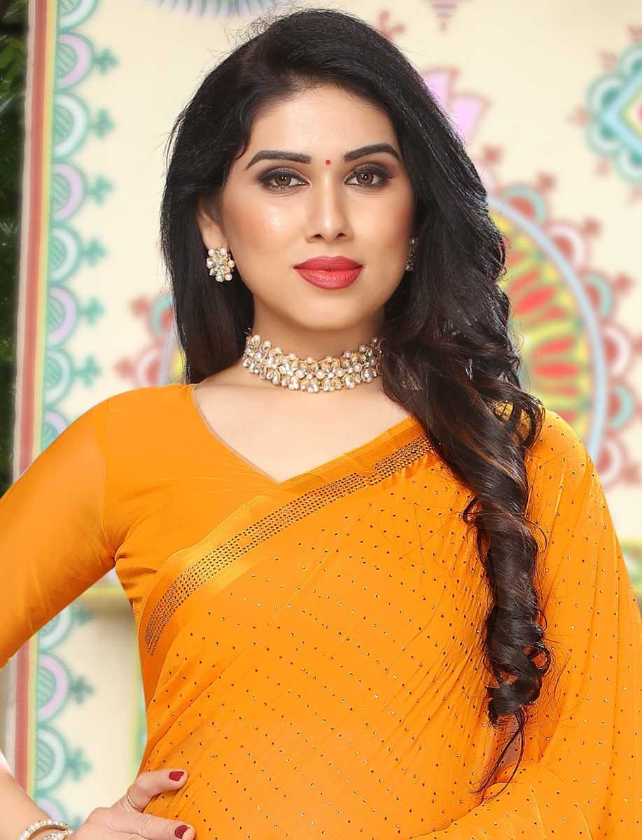 Orange Peel Satin Plain Party Saree