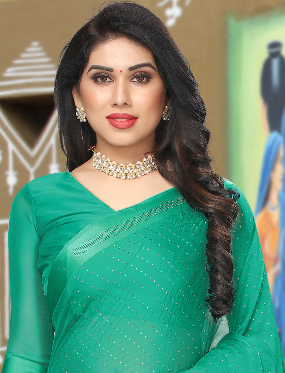 Jungle Green Satin Plain Party Saree