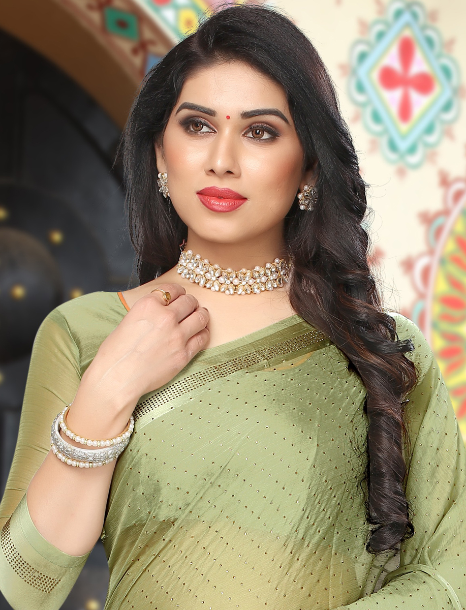 Asparagus Green Satin Plain Party Saree