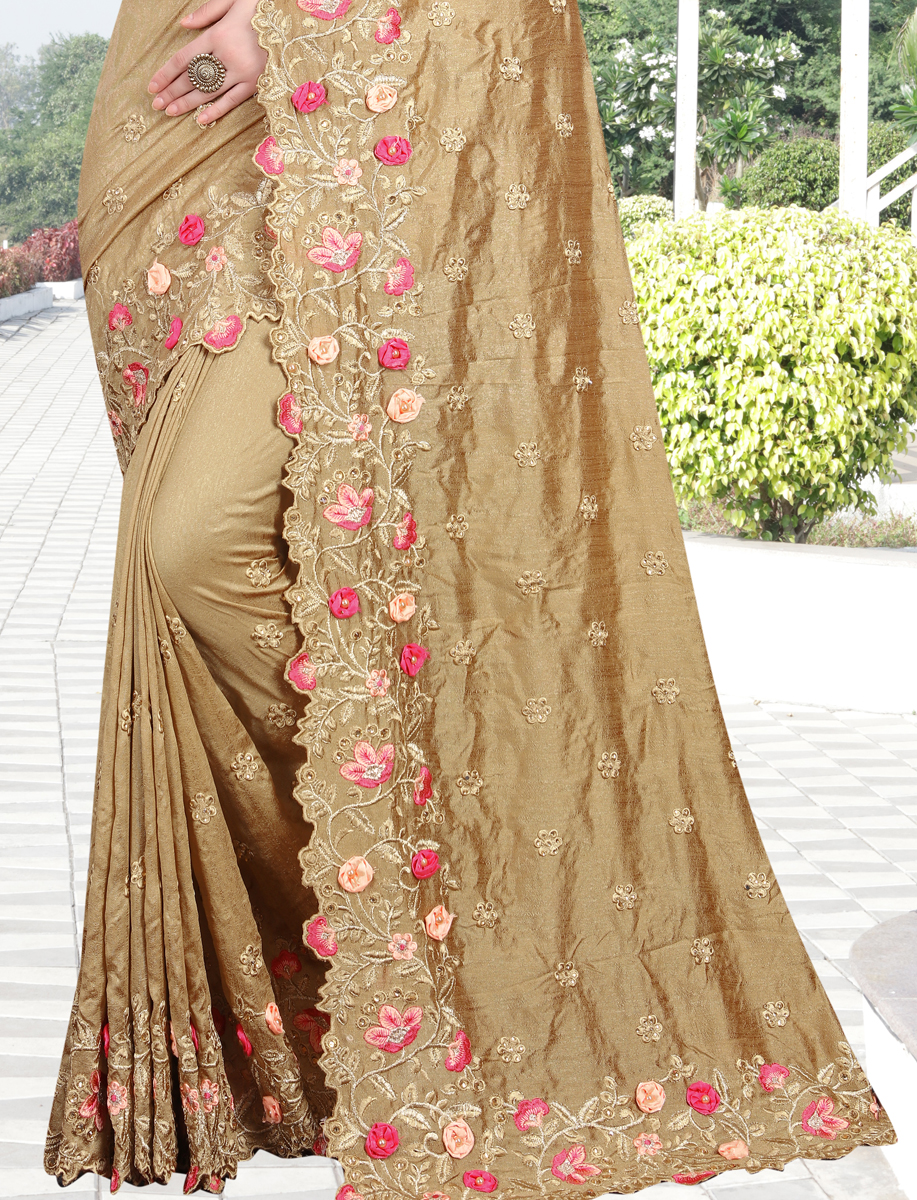 Fallow Brown Vichitra Silk Embroidered Party Saree