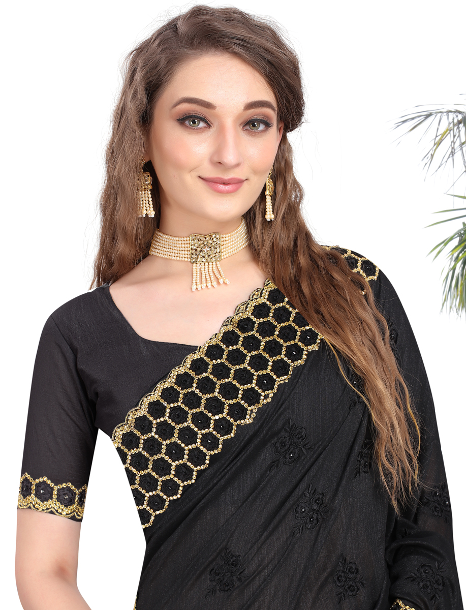 Black Vichitra Silk Embroidered Party Saree