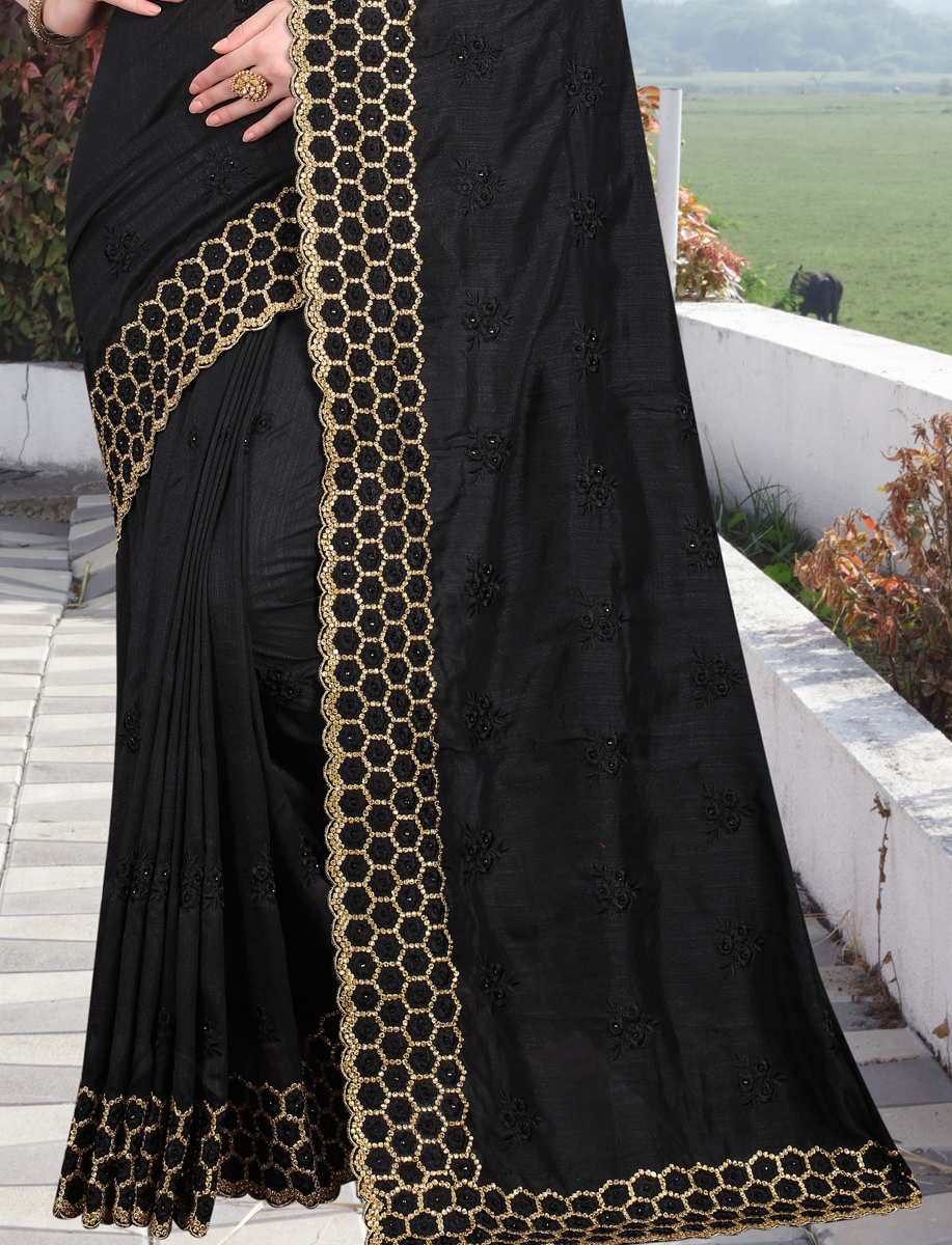 Black Vichitra Silk Embroidered Party Saree